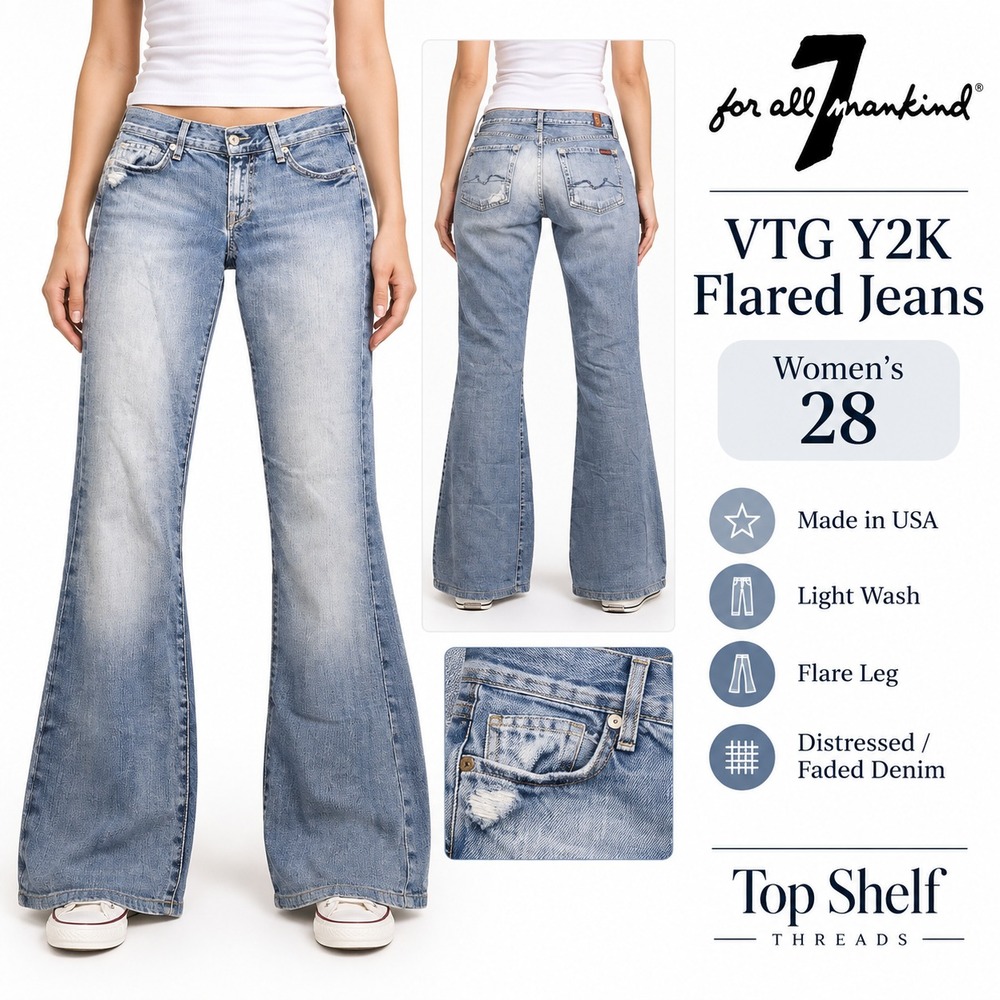 VTG Y2K 7 For All Mankind Jeans Women 28 Blue Low Rise Flare Distressed USA Made